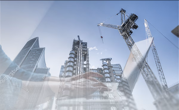 looking up at buildings with cranes with overlay of hands typing on laptop