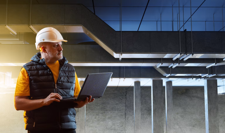 Ducts behind construction man on computer