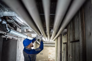 Man standing looking at pipes