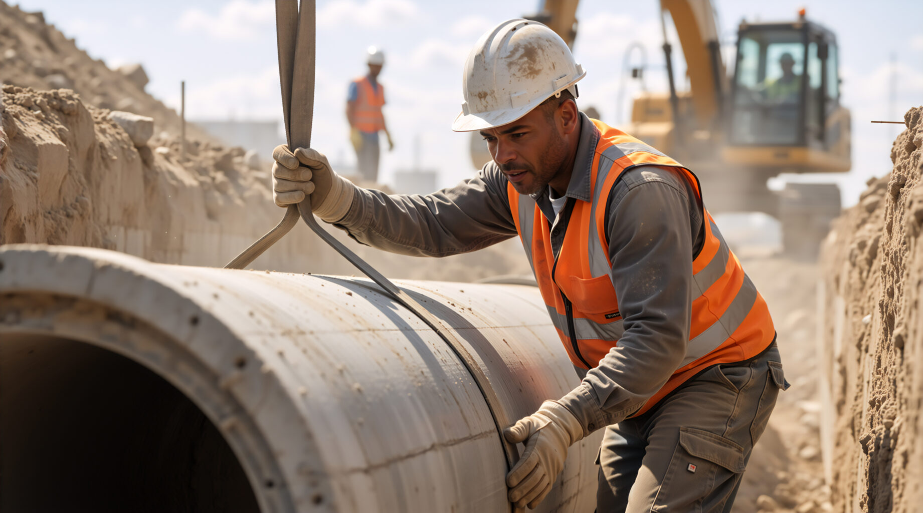 Construction worker laying a large cement pipe