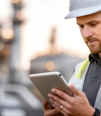 construction worker looking confused at ipad screen