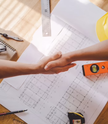 overview desk with plans, levels, rulers, construction hat with two workers shaking hands